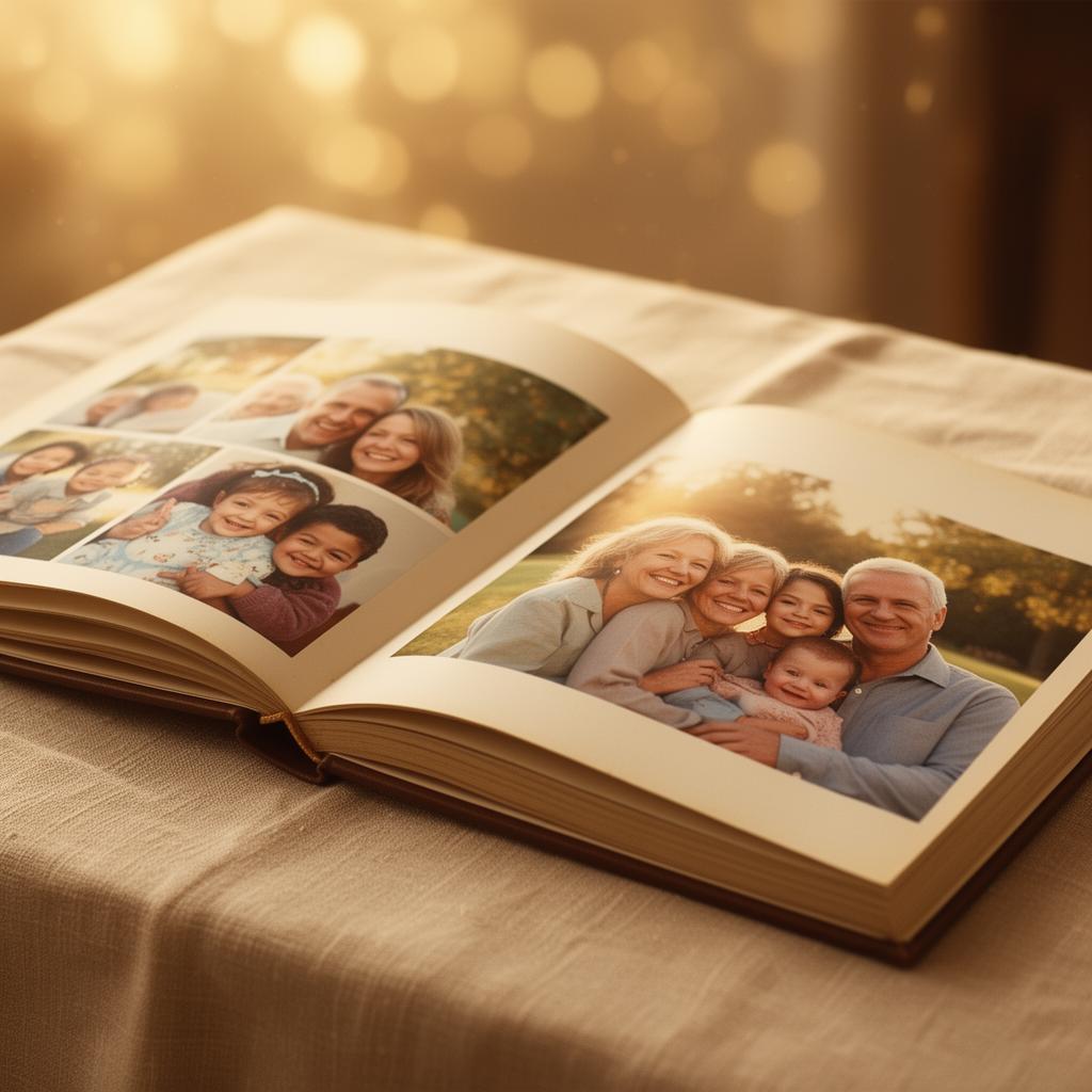 Open family photo album in soft sunlight